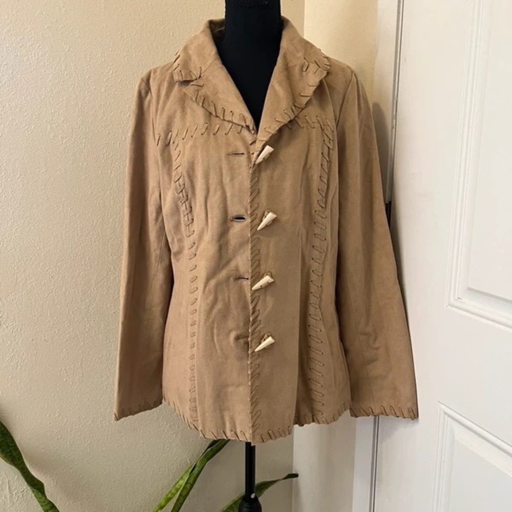 Susan Graver Tan Button-Front Jacket with Whipstitch Trim - Picture 2 of 5